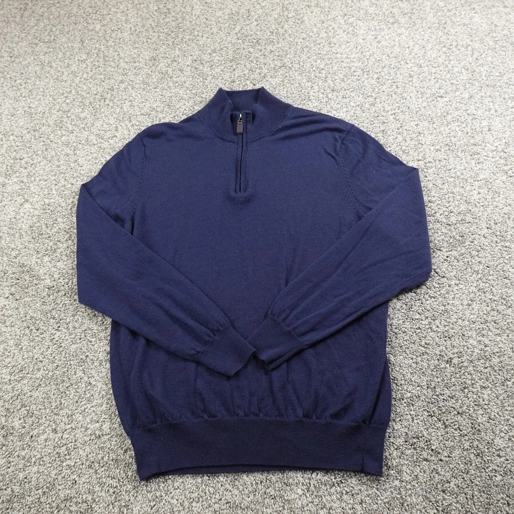 Jos A‎ Bank Sweater Mens L Blue Merino Wool Traveler Pullover 1/4 Zip Cozy Warm